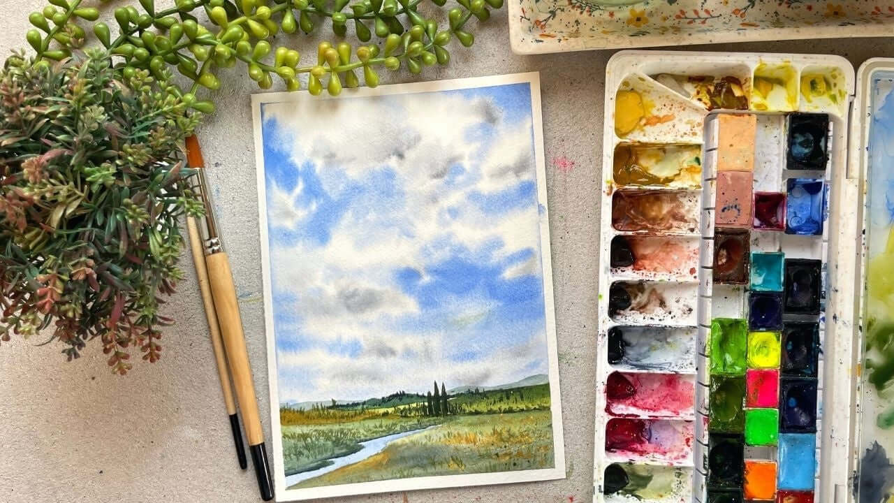 Watercolor basics. Simple landscape.