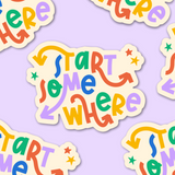 Colorful 'Start Somewhere' stickers on a light purple background