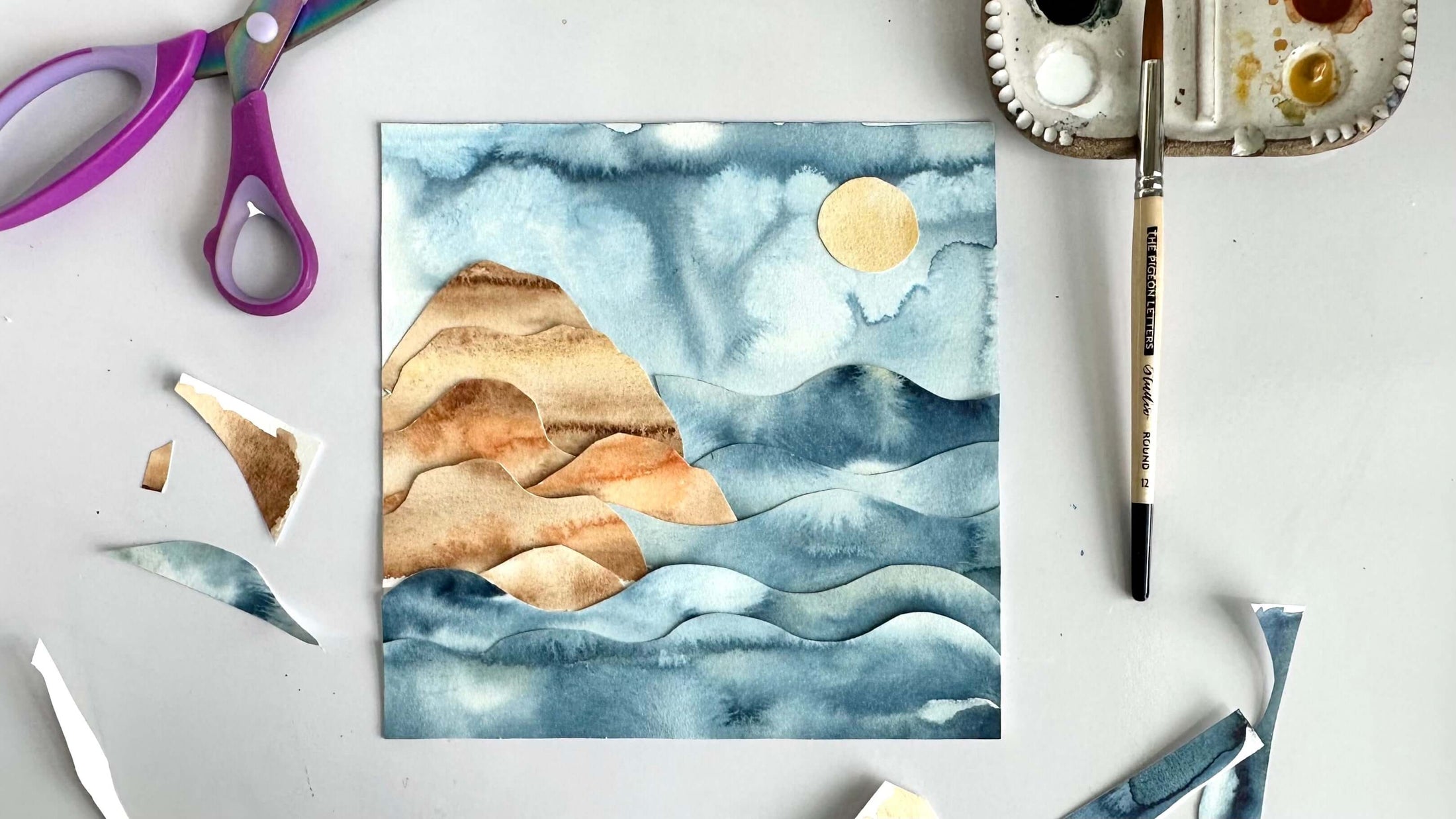 Papercut watercolor seascape collage
