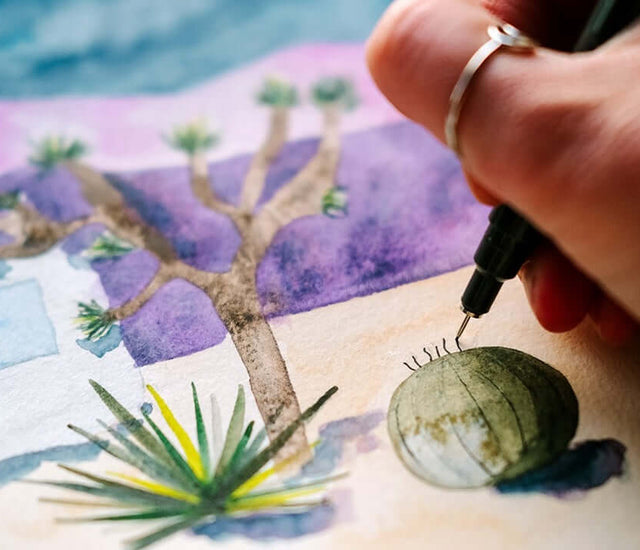 Watercolor and Ink Desert Botanical Landscape