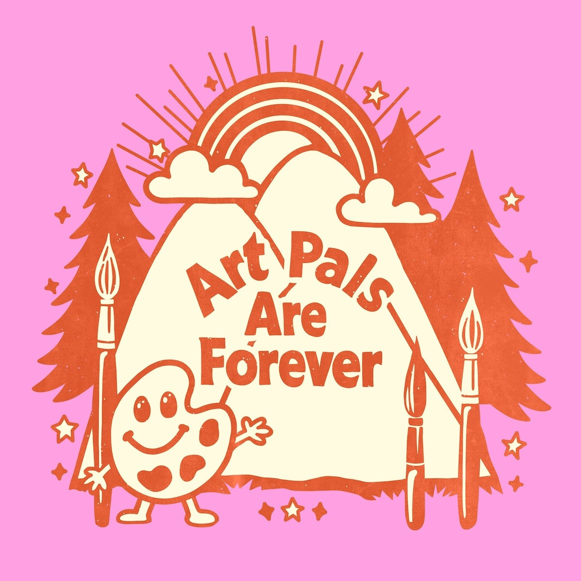 Illustration with 'Art Pals Are Forever' text, cartoon character, and rainbow on a pink background