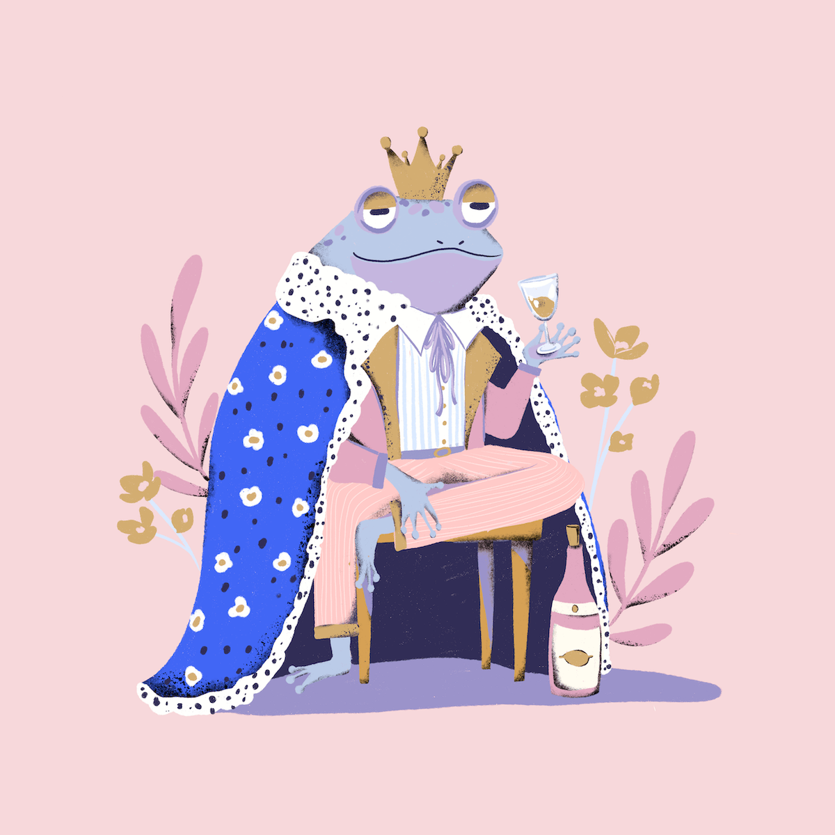 Illustration of a frog prince sitting on a throne with a pink background