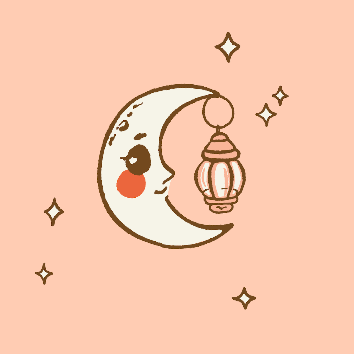 Illustration of a crescent moon with a face and a lantern on a pink background with stars.