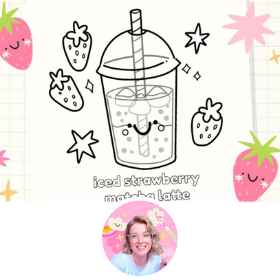 Coloring page with a tumbler labeled 'iced strawberry matcha latte' and cartoon strawberries on a checkered background.
