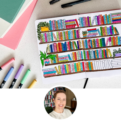 Colorful bookshelf-themed notebook with markers on a desk.
