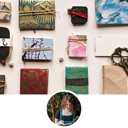 Collection of small notebooks with decorative covers on a white background, with a smaller inset photo of a woman reading.