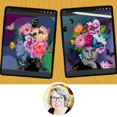 Two tablets displaying a digital art piece of a woman with flowers and butterflies on a yellow fabric background.