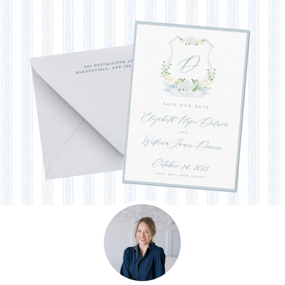 Wedding invitation with envelope and a small inset photo of a woman.