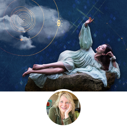 Woman in a flowing dress sitting on a rock with a celestial background, featuring a smaller inset of a woman smiling.