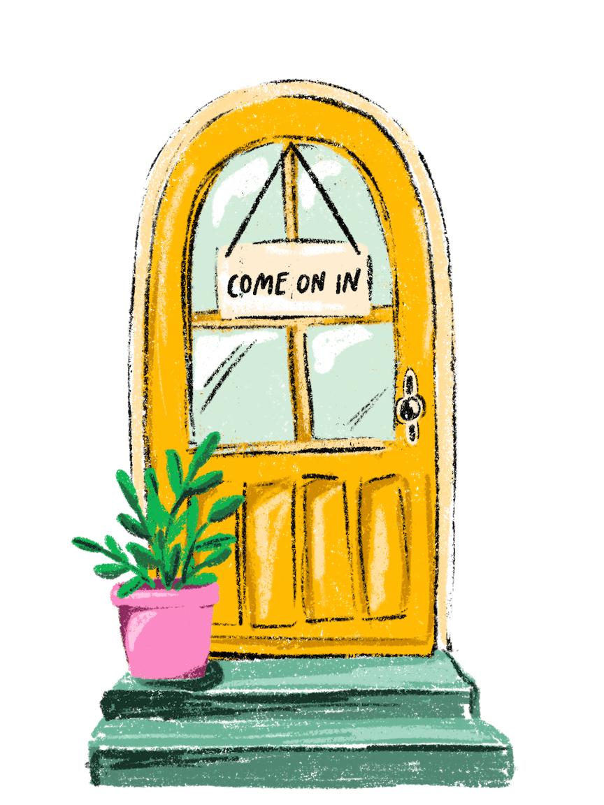 illustrated door with come in sign