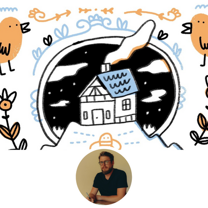 Illustration of a house with snow on top, surrounded by abstract shapes and a person's face in a smaller circle.