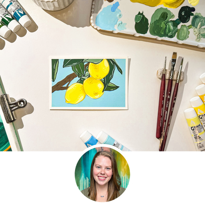 Art supplies including paint tubes, brushes, and a painting of lemons on a canvas.