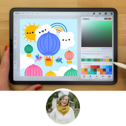 Person using a digital drawing app on a tablet with colorful illustrations and a small inset of a woman.