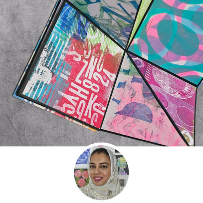 Colorful abstract art pieces on a gray surface.