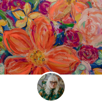 Colorful floral artwork with a smaller inset of a person wearing glasses and a floral outfit.