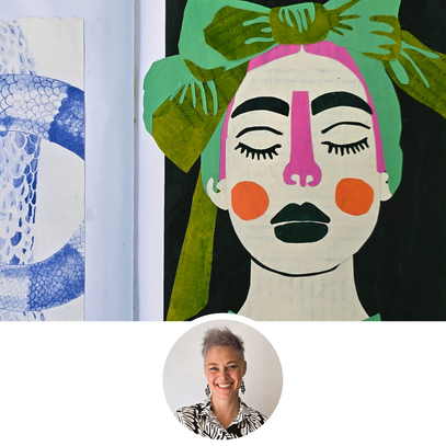 Collage of abstract art with a woman's face.