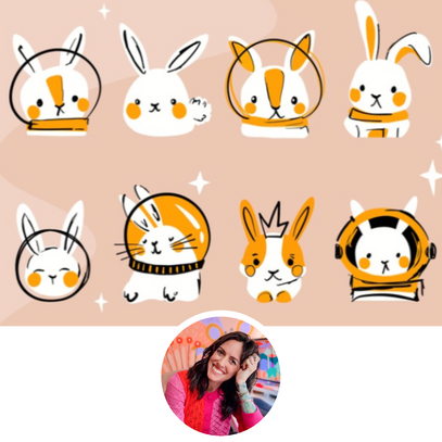 Set of cartoon rabbit illustrations with different expressions and accessories on a beige background.