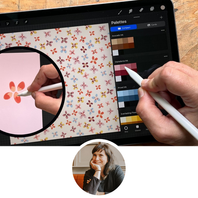 Person using a stylus on a tablet with a design app open, using Procreate to make a pattern.