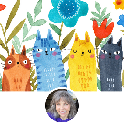 Four colorful cartoon cats with flowers and leaves on a white background