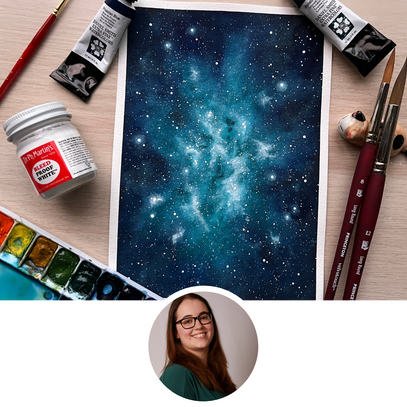 Artistic depiction of a starry night sky with painting supplies on a wooden surface.