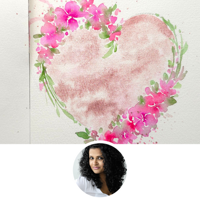 Heart-shaped design with pink flowers and green leaves on a light background.