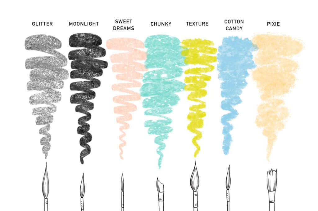 Swatches of glitter style Procreate brushes