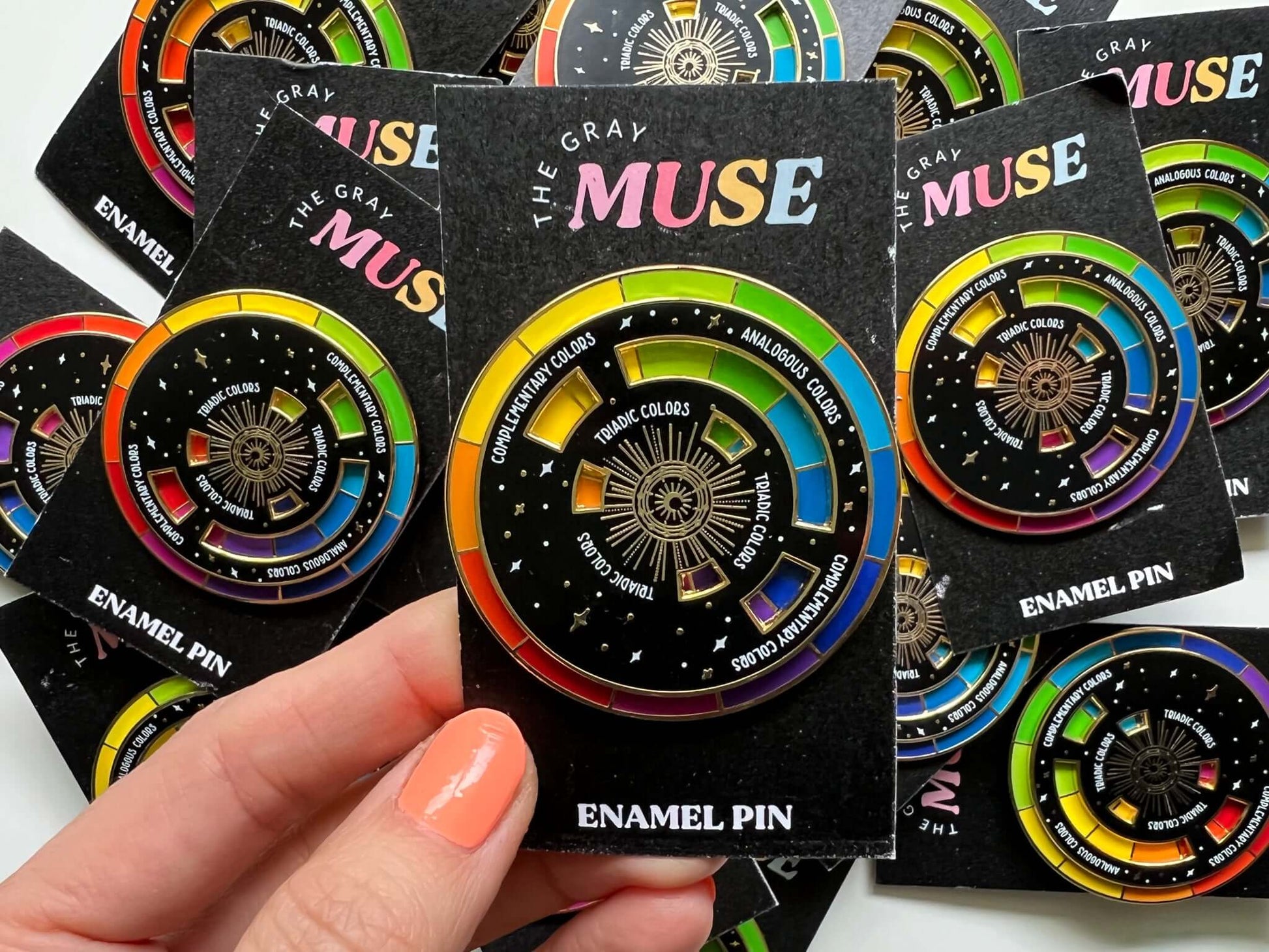 Enamel color wheel pins by The Gray Muse
