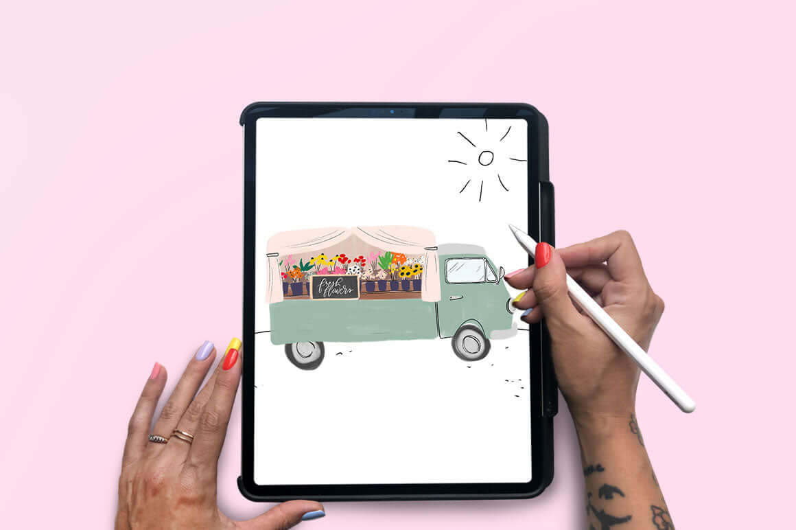 Digital illustration of a flower truck