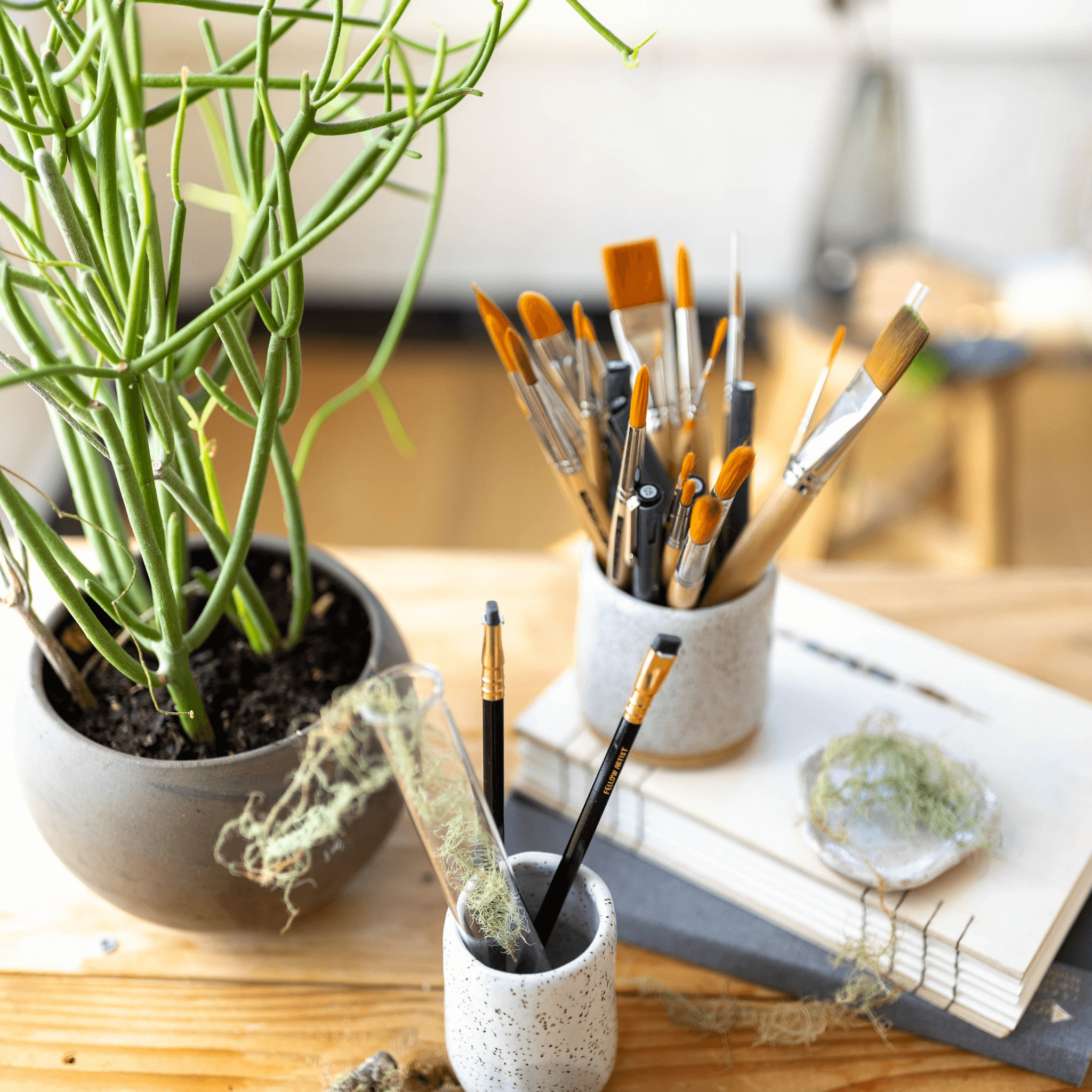 Still life photograph of paintbrushes and nature elements