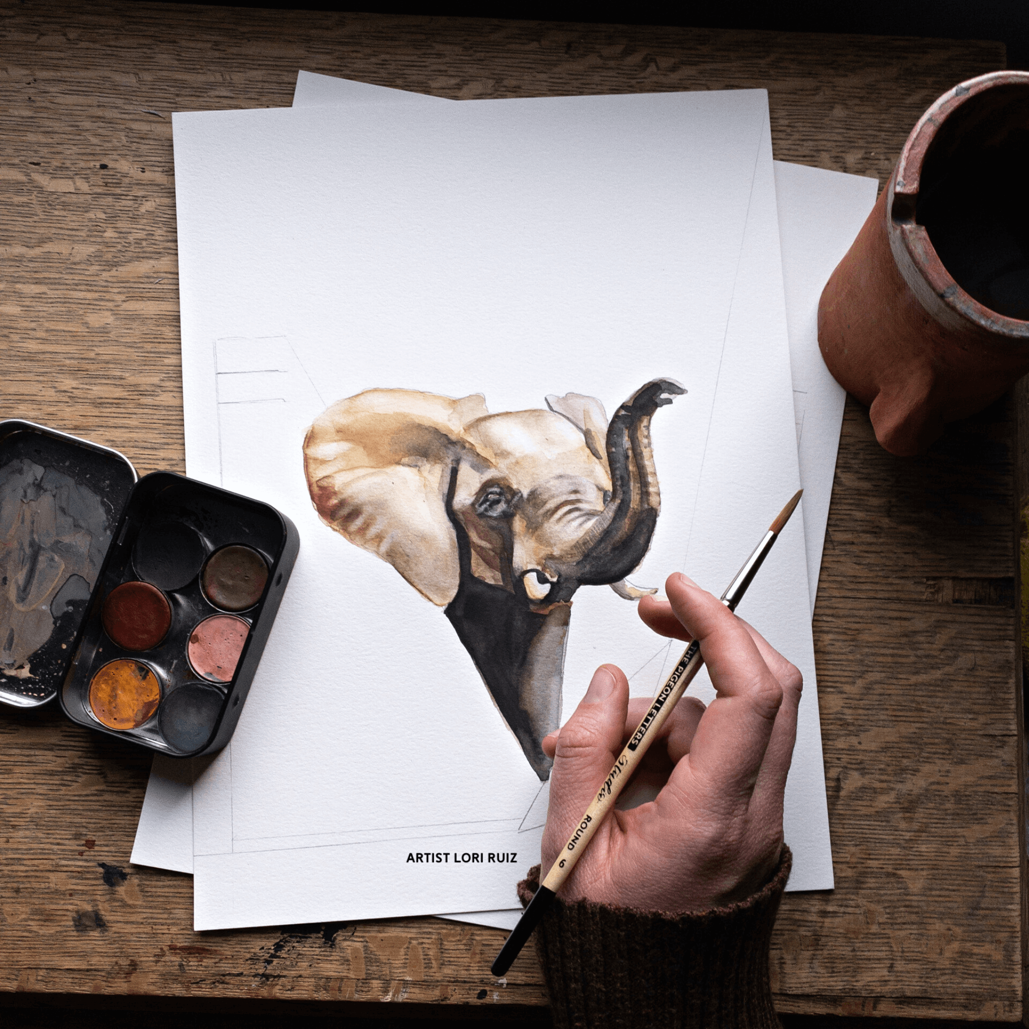 Painting of an elephant in watercolor by Lori Ruiz